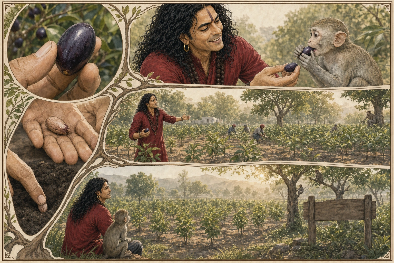 A five-panel botanical comic plate follows a ripe jamun from Chunmun’s delight and powerful prime-age Guruji’s answering smile to a planted seed, purposeful sapling rows, and an expansive young grove.