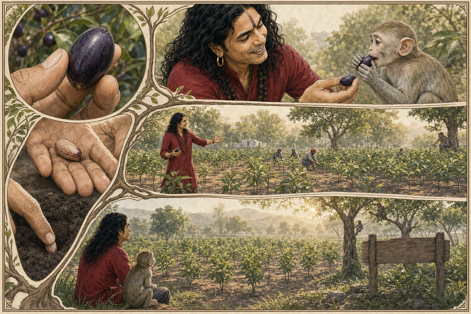 A five-panel botanical comic plate follows a ripe jamun from Chunmun’s delight and slim, prime-age Guruji’s answering smile to a planted seed, purposeful sapling rows, and an expansive young grove.