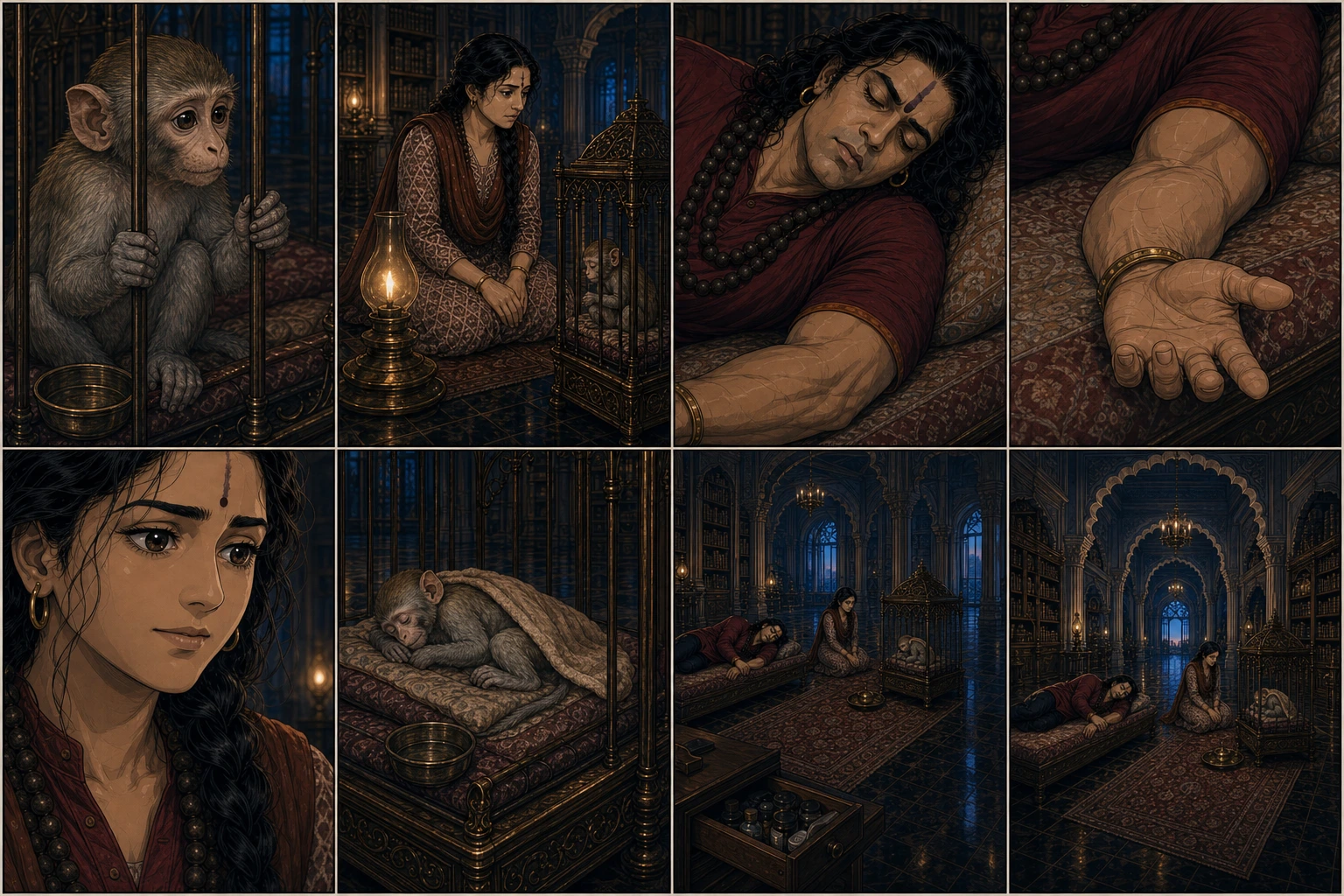 An eight-panel quiet-aftermath anime page shows Chunmun’s hands coming to rest, Didi’s eyes softening, muscular broad-shouldered Guruji continuing to sleep with a relaxed open hand, Chunmun curling beneath her towel, and cool predawn light entering the vast lavish chamber of arches, books, brass and polished stone.