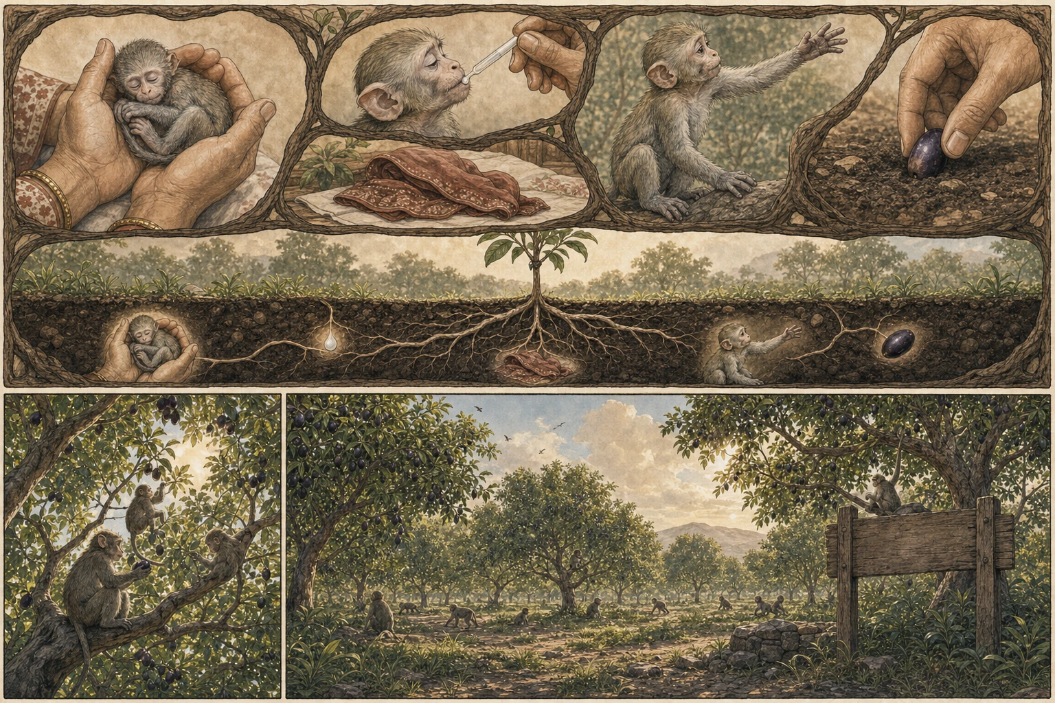 A four-panel tree-shaped memory tapestry gathers Didi’s rescue, goat’s milk, Chunmun’s towel, three healing gestures, and a planted seed before opening into a wide jamun grove alive with shade and monkeys.